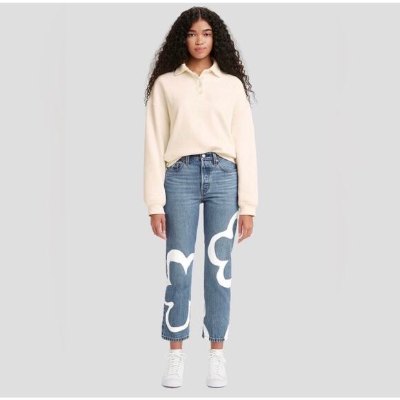 NEW Levi's 501 Crop Paint by Number Flower Wavy Lined Straight Jeans 28 x 26” - Picture 1 of 12